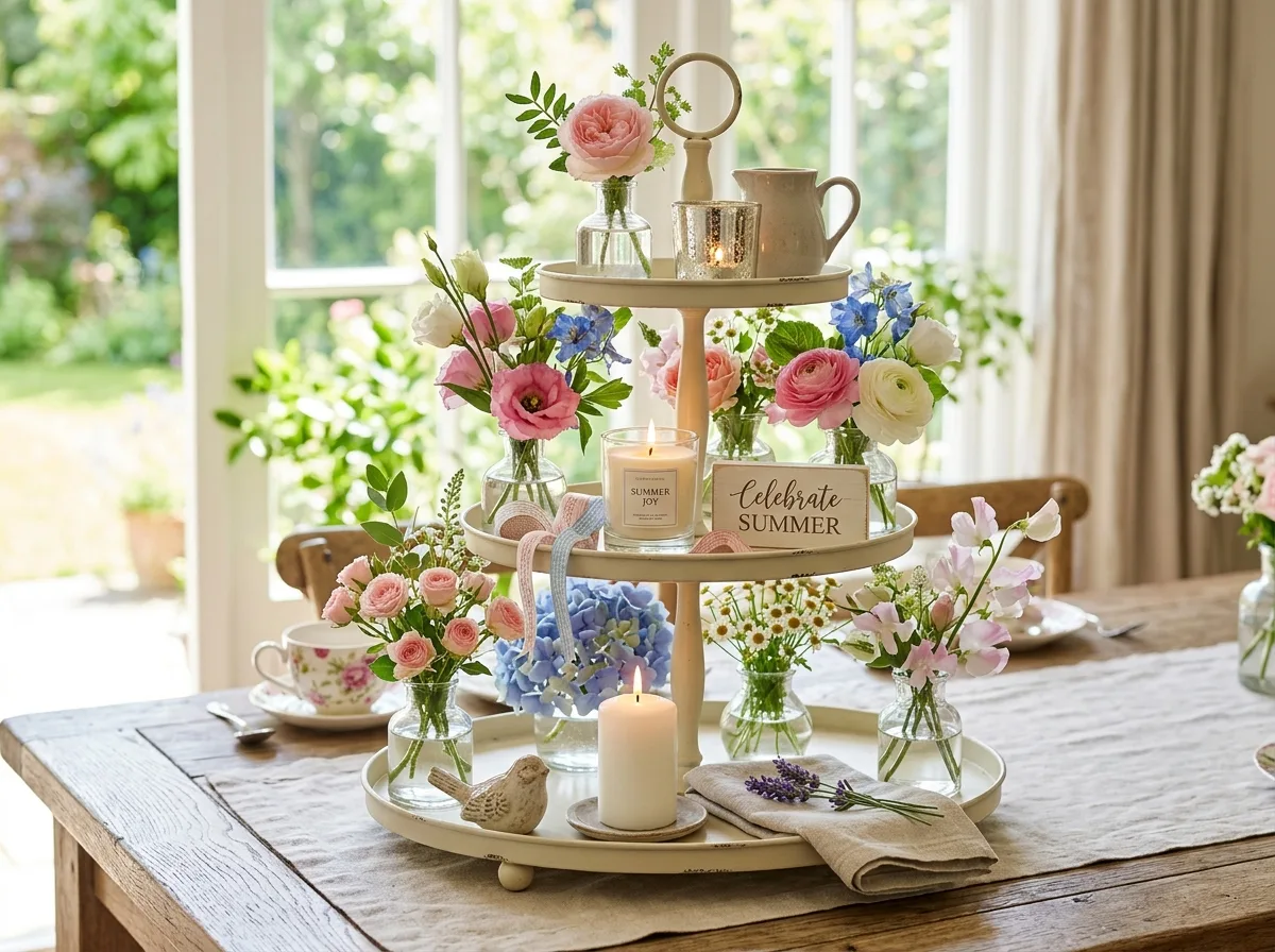 Floral Summer Tray Styling for 10 summer tiered tray decor ideas for a fresh home look
